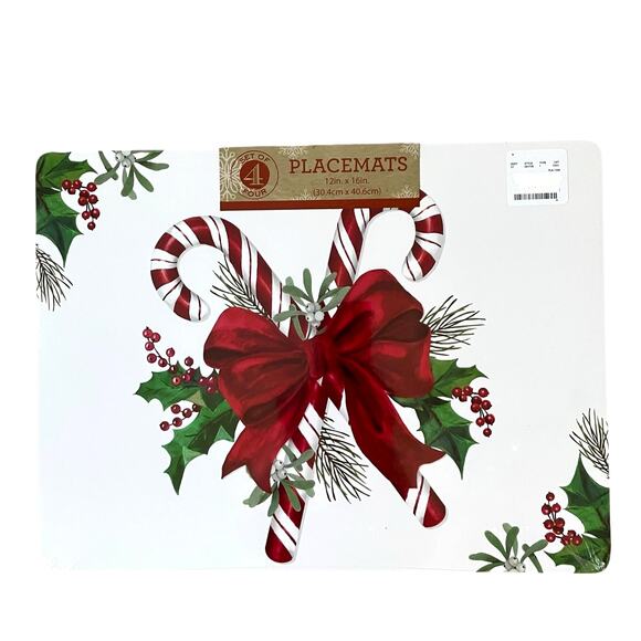 Candy Cane Red Bow Corked Backed Placemats 12in x 16in  Set of 4 Holiday New - Picture 7 of 13